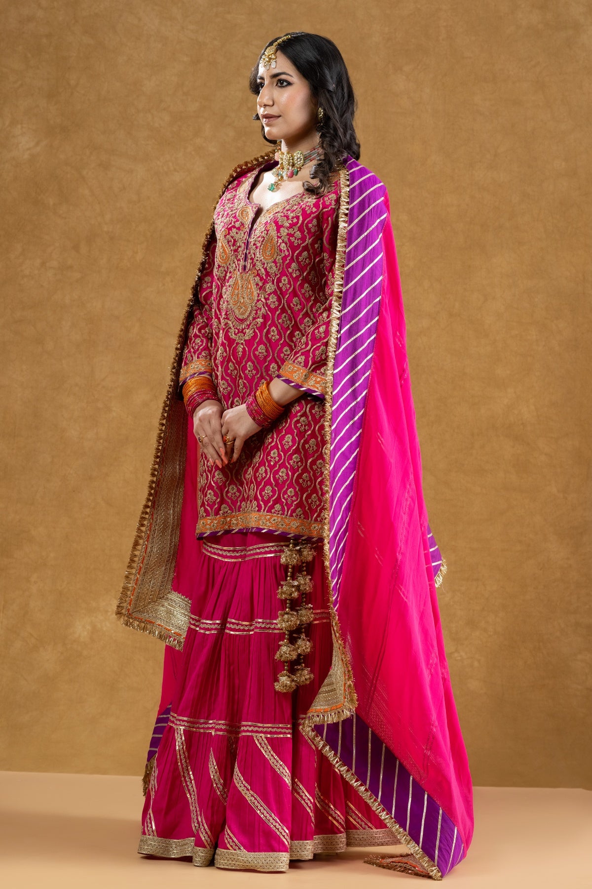 Rani Pink Chanderi Jaal Work Kurta 3-Layered Gota Gharara Set