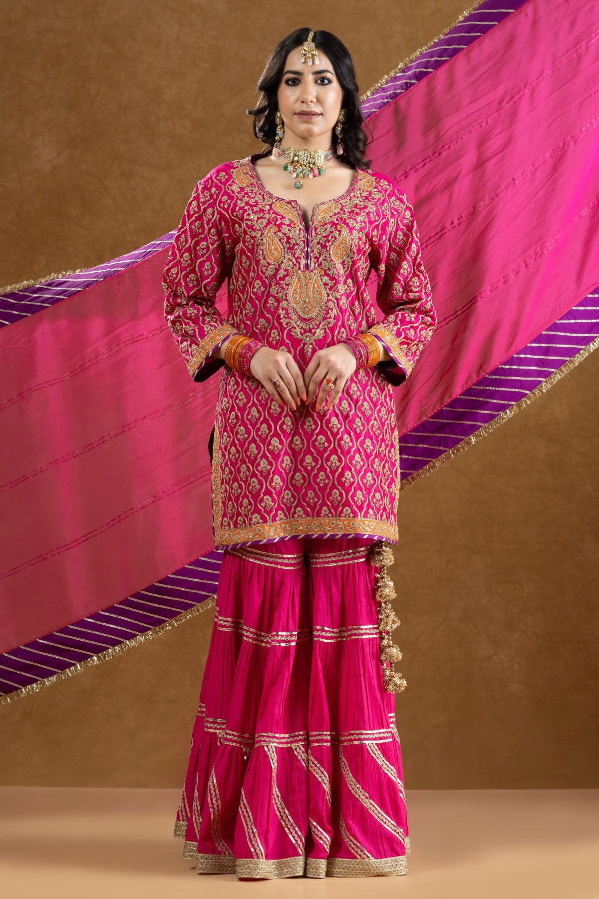 Rani Pink Chanderi Jaal Work Kurta 3-Layered Gota Gharara Set