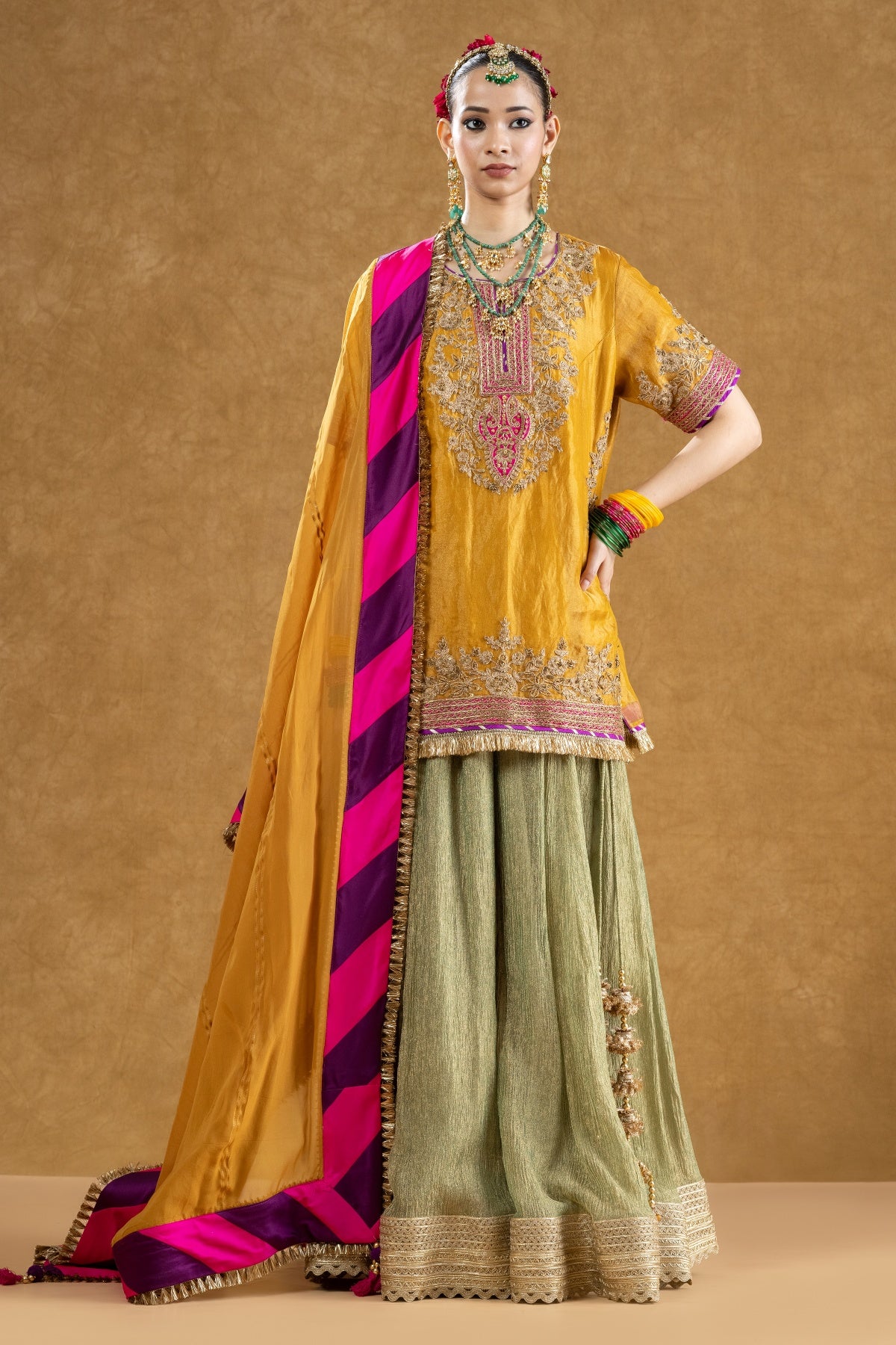 Mustard Banarasi Tissue Kurta Sharara Set with Dori Sequin Hand Work