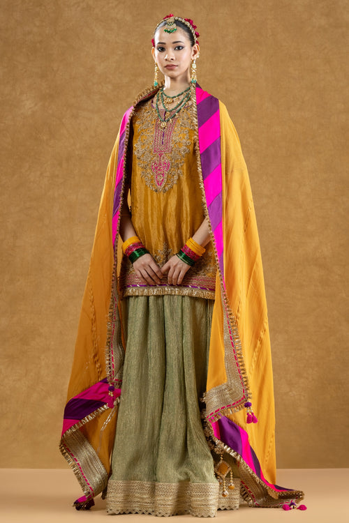 Mustard Banarasi Tissue Kurta Sharara Set with Dori Sequin Hand Work