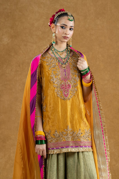 Mustard Banarasi Tissue Kurta Sharara Set with Dori Sequin Hand Work