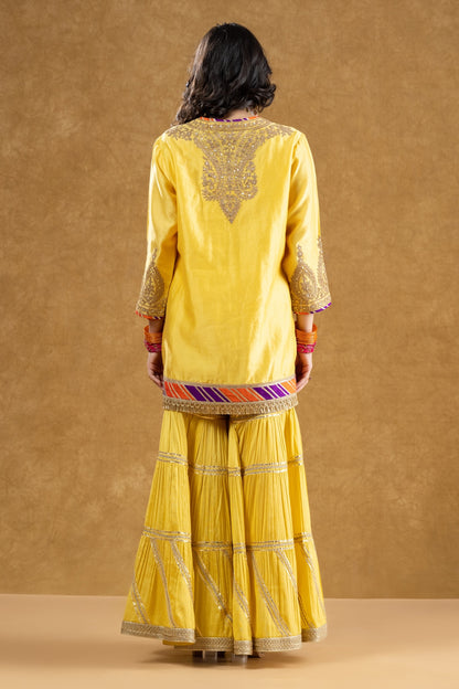 Lemon Yellow Chanderi Kurta 3-Layered Katan Silk Gharara Set with Dori Sequin Work