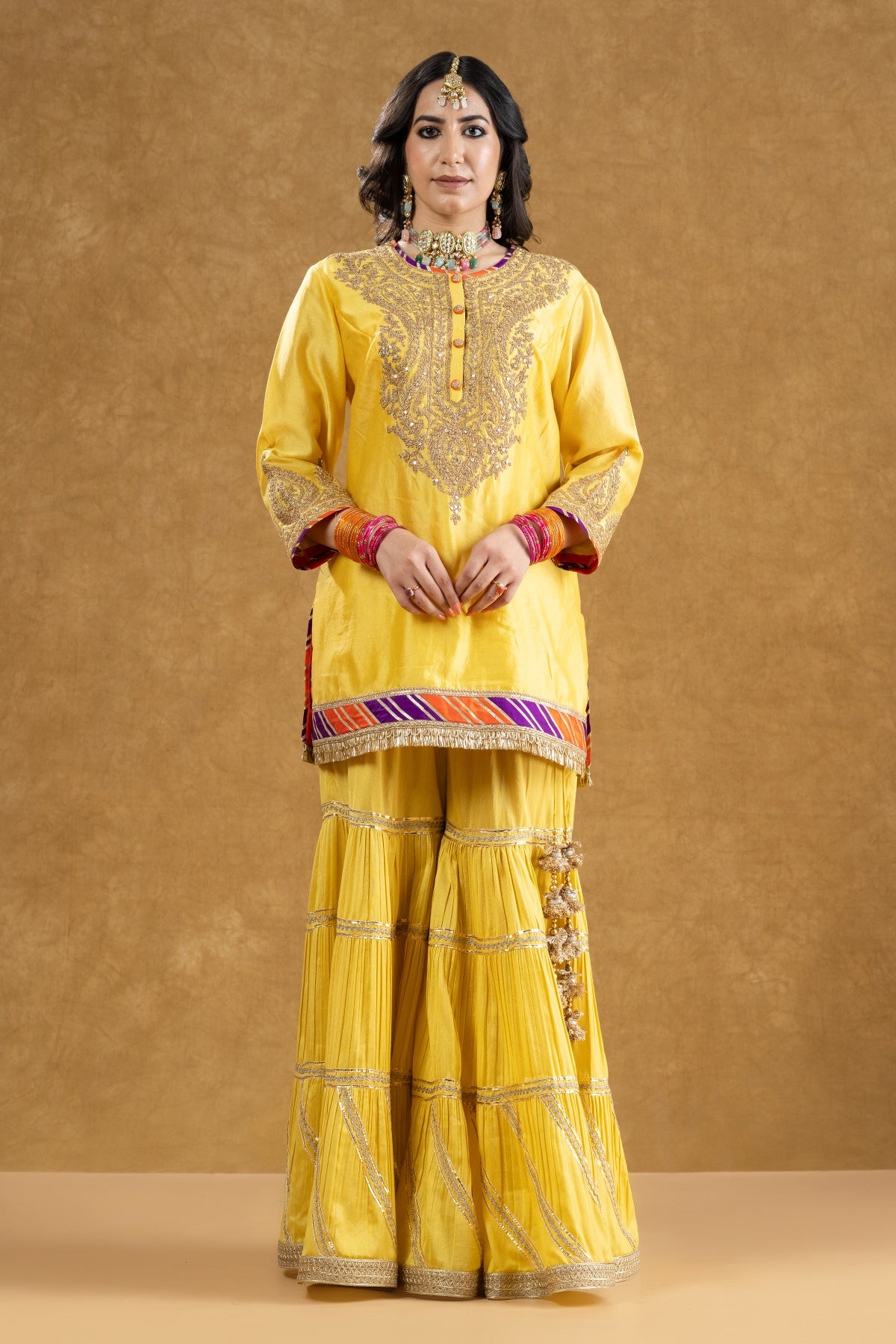 Lemon Yellow Chanderi Kurta 3-Layered Katan Silk Gharara Set with Dori Sequin Work