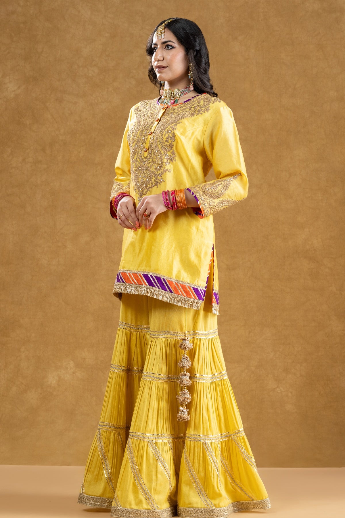 Lemon Yellow Chanderi Kurta 3-Layered Katan Silk Gharara Set with Dori Sequin Work