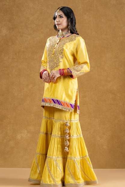 Lemon Yellow Chanderi Kurta 3-Layered Katan Silk Gharara Set with Dori Sequin Work