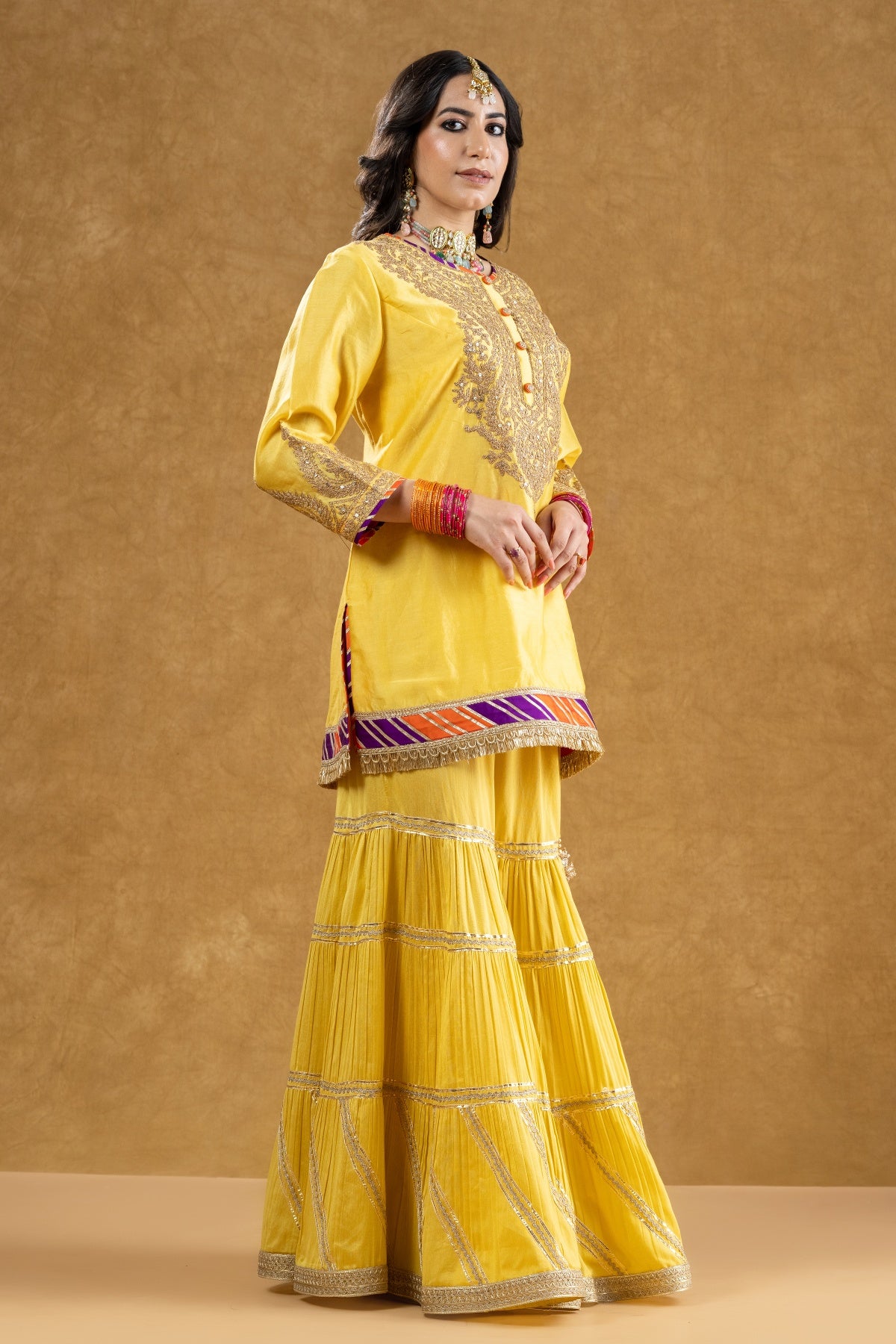 Lemon Yellow Chanderi Kurta 3-Layered Katan Silk Gharara Set with Dori Sequin Work