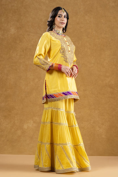 Lemon Yellow Chanderi Kurta 3-Layered Katan Silk Gharara Set with Dori Sequin Work