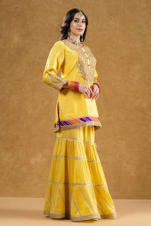 Lemon Yellow Chanderi Kurta 3-Layered Katan Silk Gharara Set with Dori Sequin Work