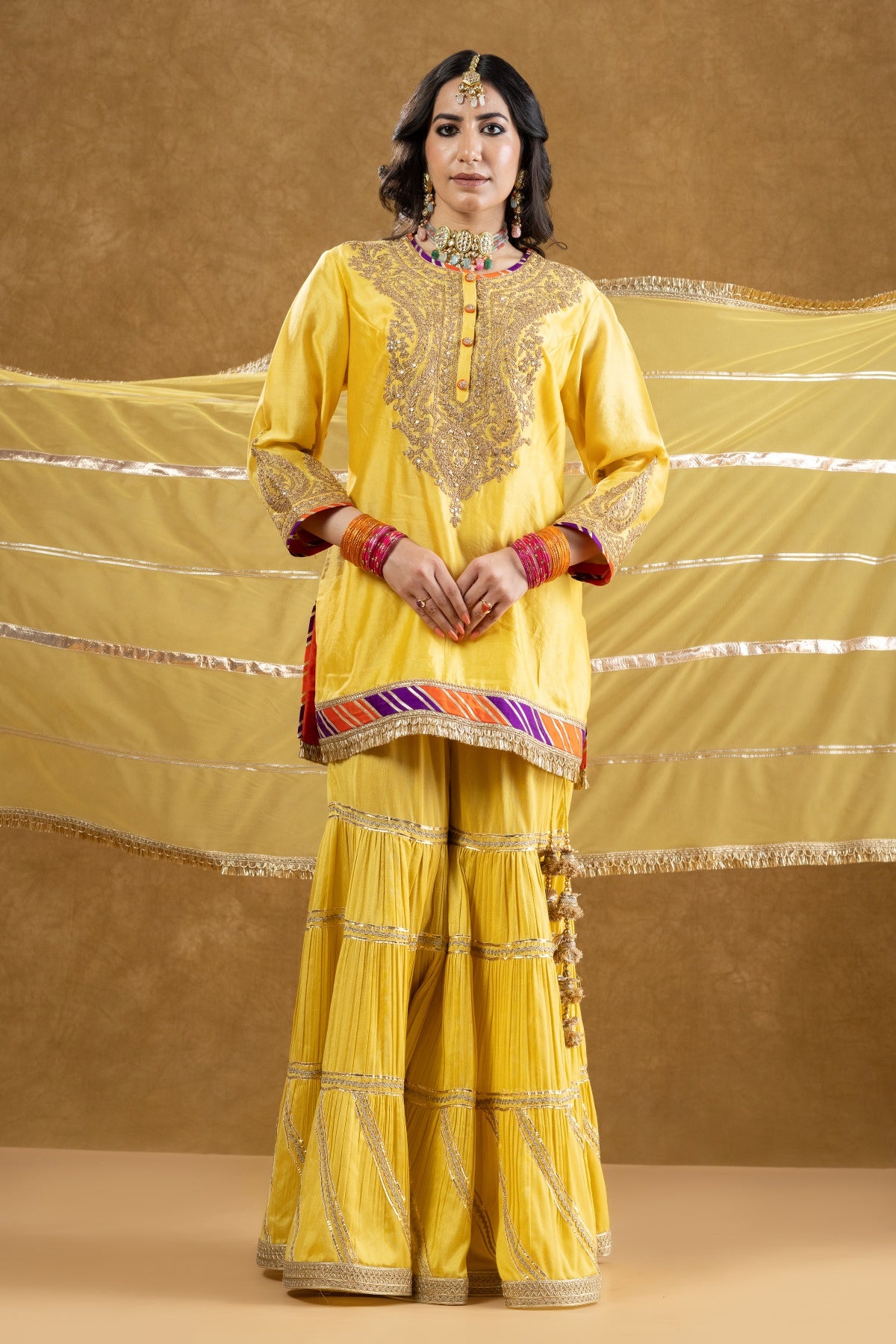 Lemon Yellow Chanderi Kurta 3-Layered Katan Silk Gharara Set with Dori Sequin Work