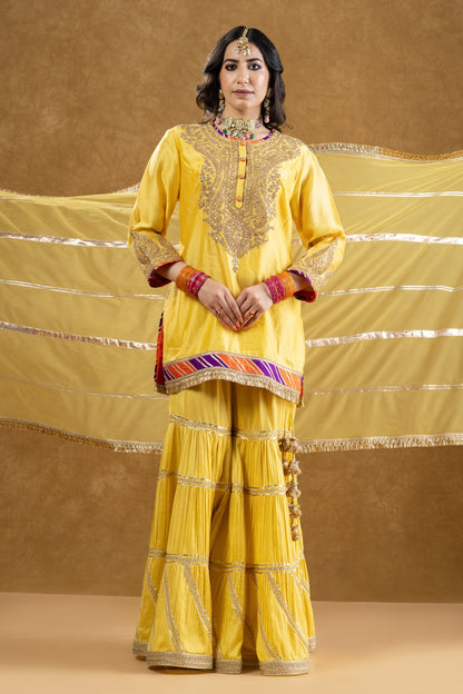 Lemon Yellow Chanderi Kurta 3-Layered Katan Silk Gharara Set with Dori Sequin Work