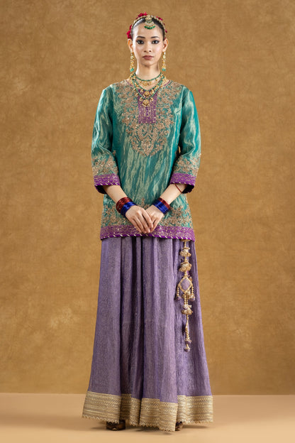 Emerald Green Banarasi Tissue Kurta Sharara Set with Dori Sequin Hand Work