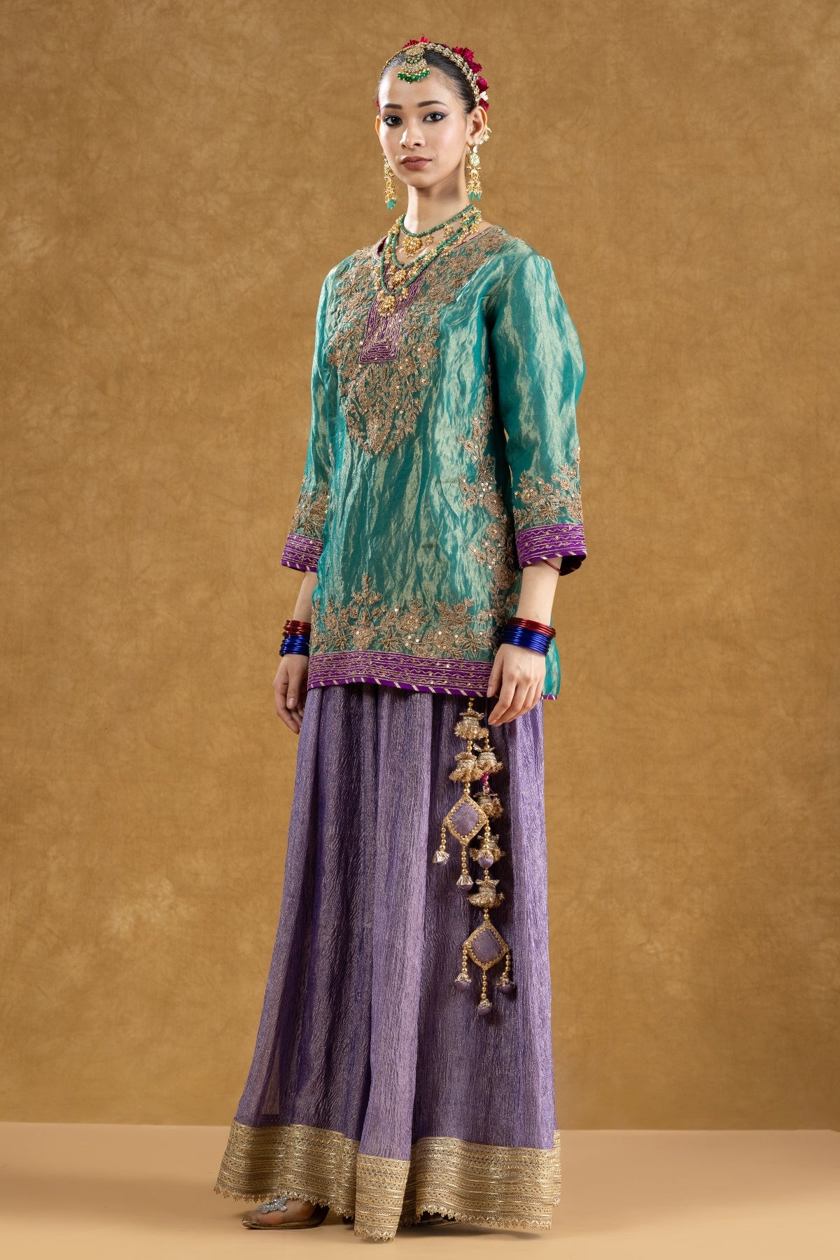 Emerald Green Banarasi Tissue Kurta Sharara Set with Dori Sequin Hand Work