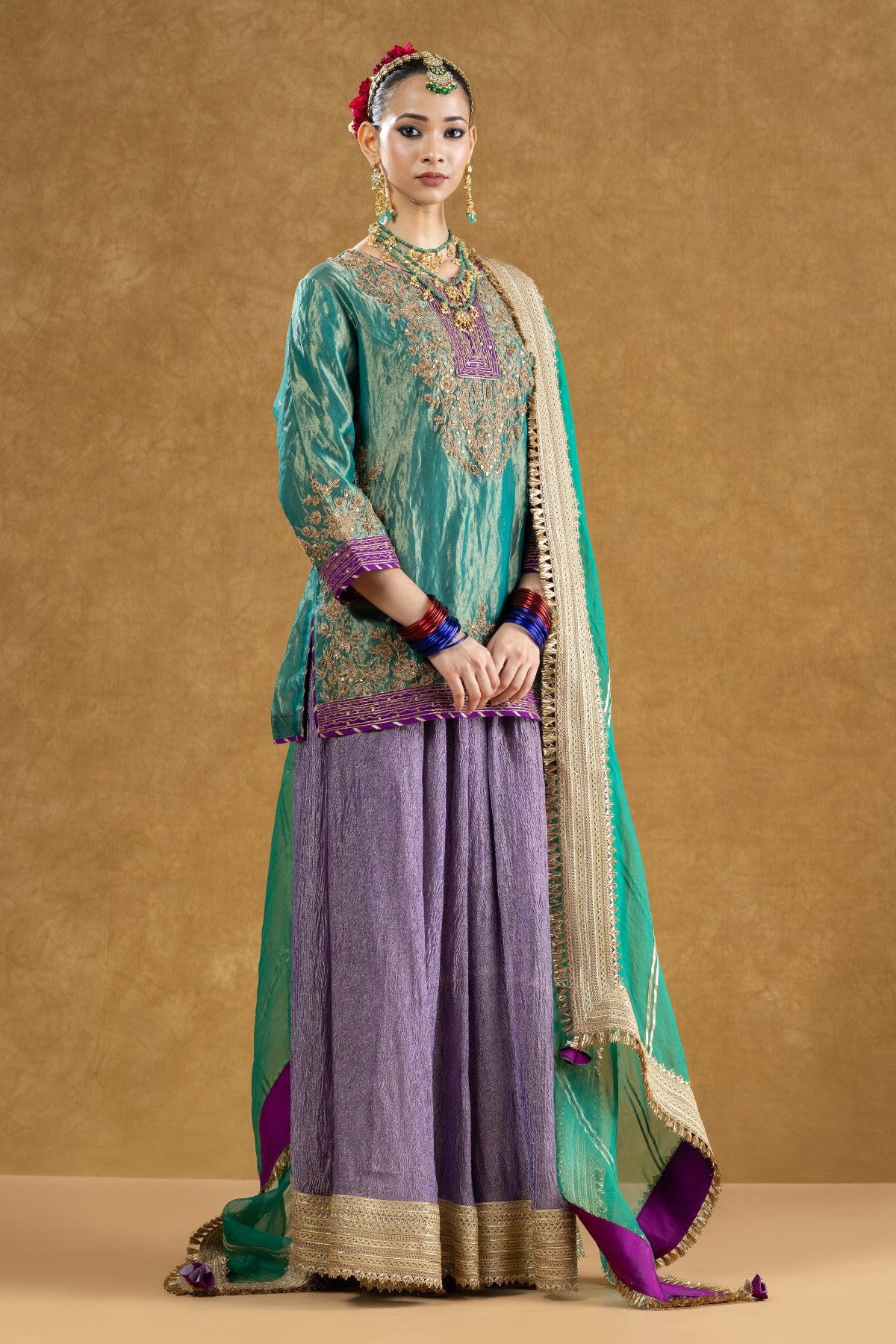 Emerald Green Banarasi Tissue Kurta Sharara Set with Dori Sequin Hand Work