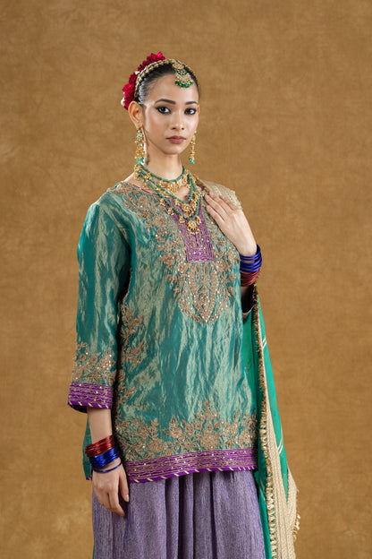 Emerald Green Banarasi Tissue Kurta Sharara Set with Dori Sequin Hand Work