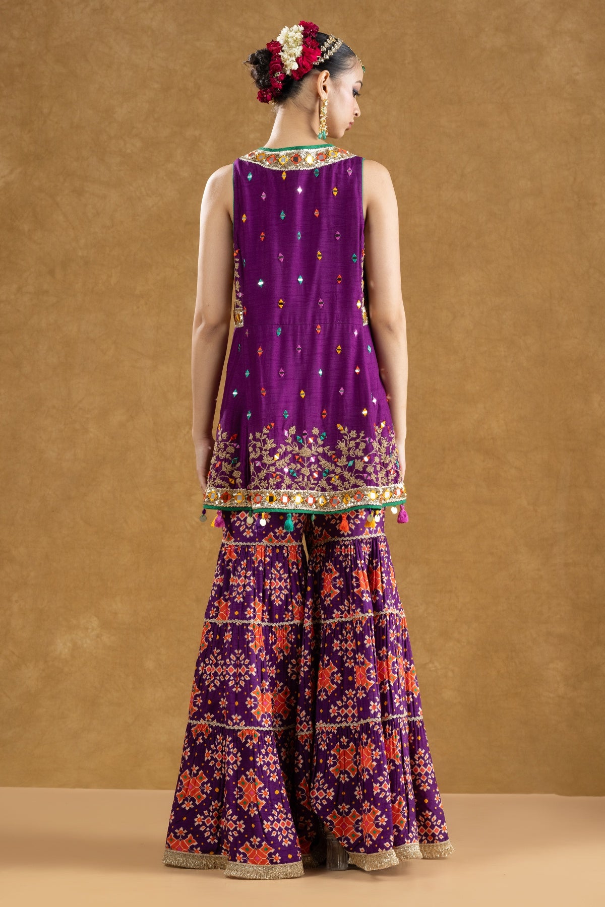 Purple Dola Silk Kurta 3-Layered Printed Gharara Set with Dori Sequin Work