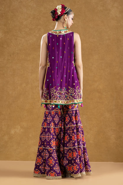 Purple Dola Silk Kurta 3-Layered Printed Gharara Set with Dori Sequin Work