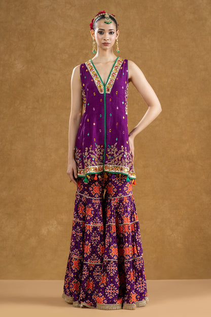 Purple Dola Silk Kurta 3-Layered Printed Gharara Set with Dori Sequin Work