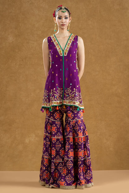 Purple Dola Silk Kurta 3-Layered Printed Gharara Set with Dori Sequin Work