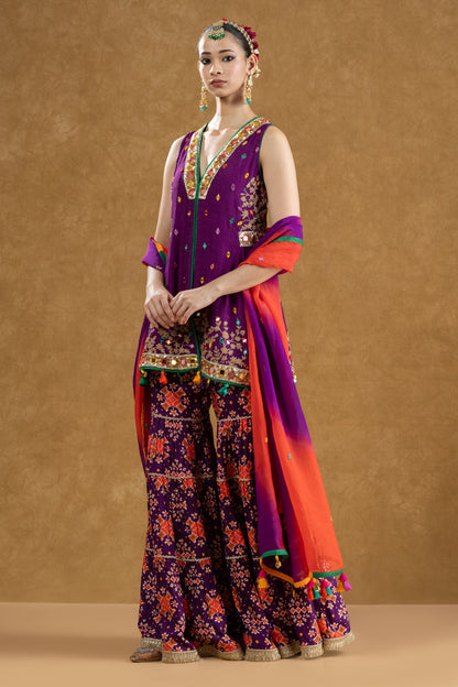 Purple Dola Silk Kurta 3-Layered Printed Gharara Set with Dori Sequin Work