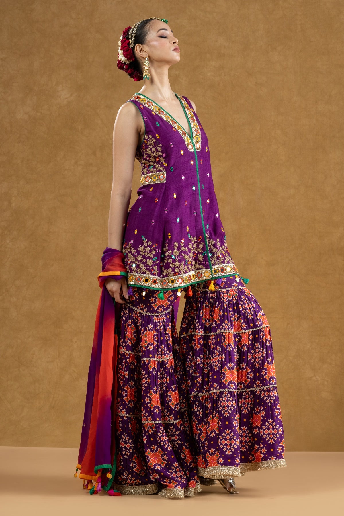 Purple Dola Silk Kurta 3-Layered Printed Gharara Set with Dori Sequin Work