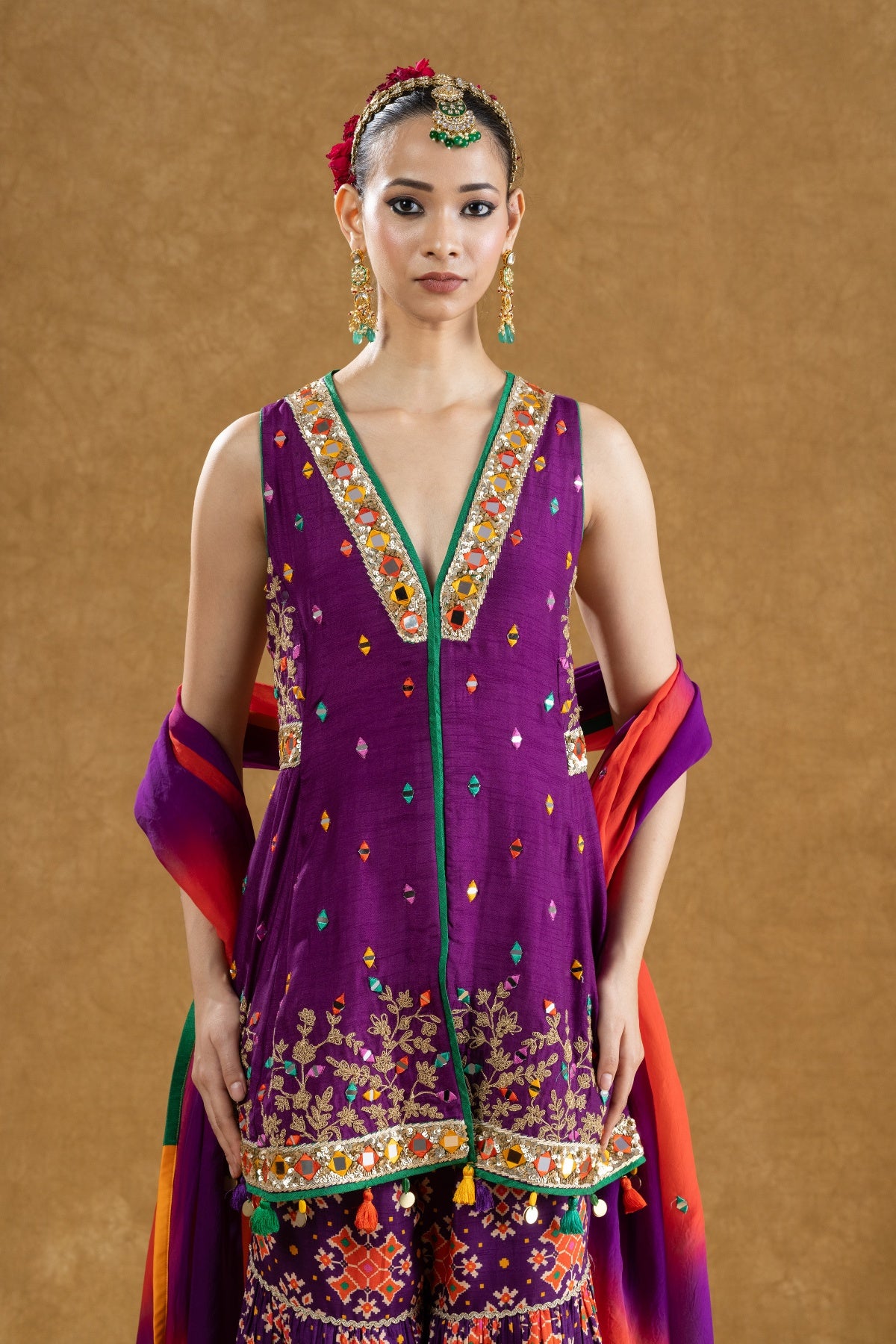 Purple Dola Silk Kurta 3-Layered Printed Gharara Set with Dori Sequin Work