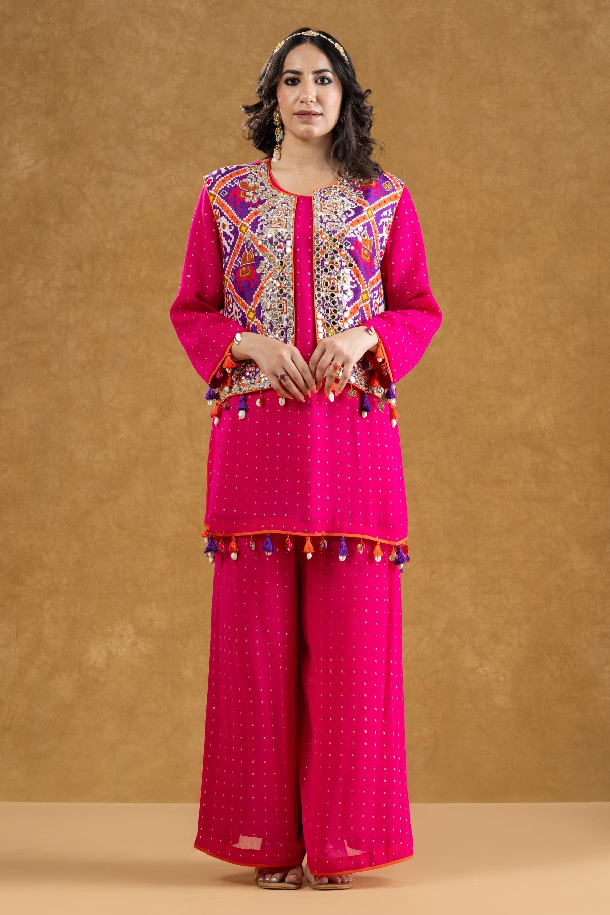 Rani Pink Patola Print Mirror Work Jacket Set with Georgette Mukaish Kurta & Flared Pants
