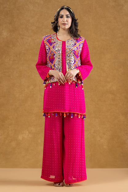 Rani Pink Patola Print Mirror Work Jacket Set with Georgette Mukaish Kurta & Flared Pants