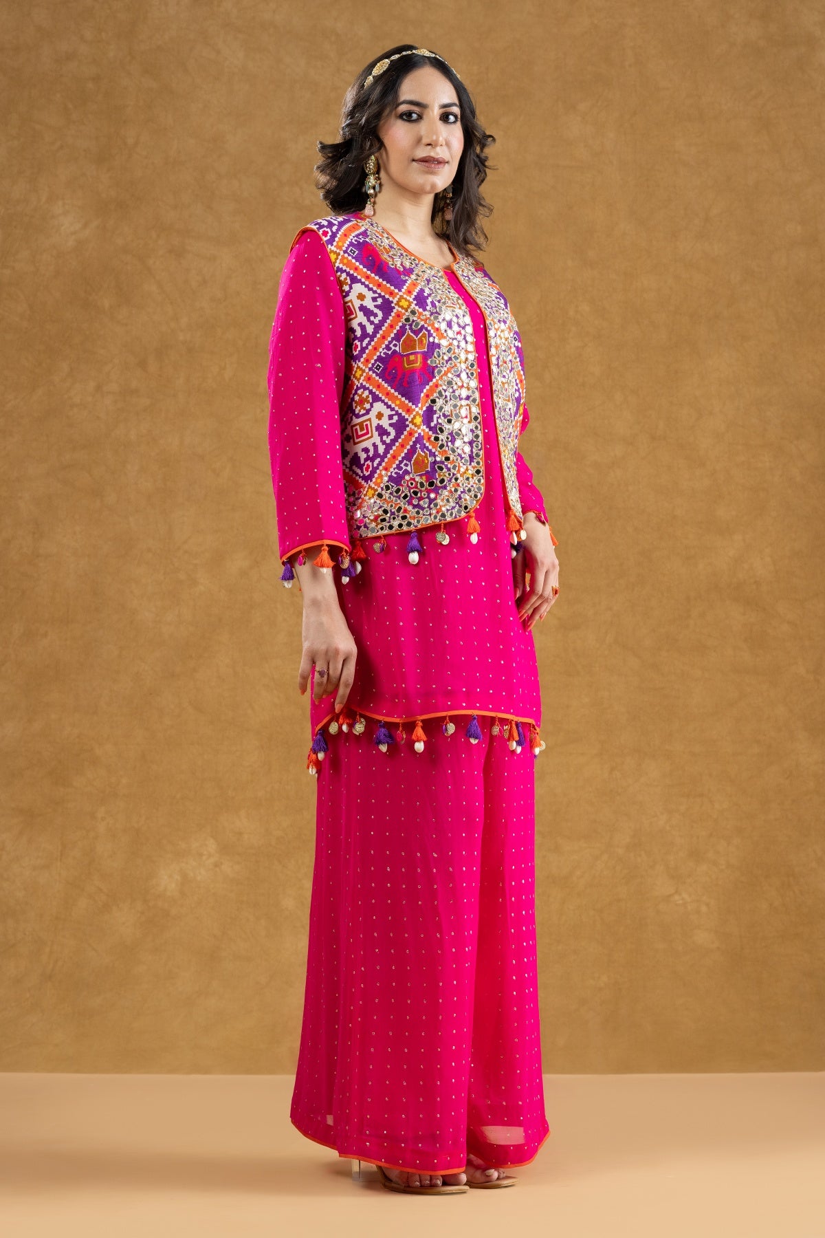 Rani Pink Patola Print Mirror Work Jacket Set with Georgette Mukaish Kurta & Flared Pants