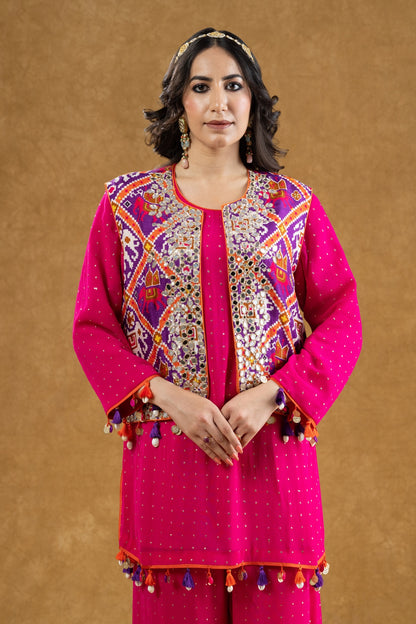 Rani Pink Patola Print Mirror Work Jacket Set with Georgette Mukaish Kurta & Flared Pants