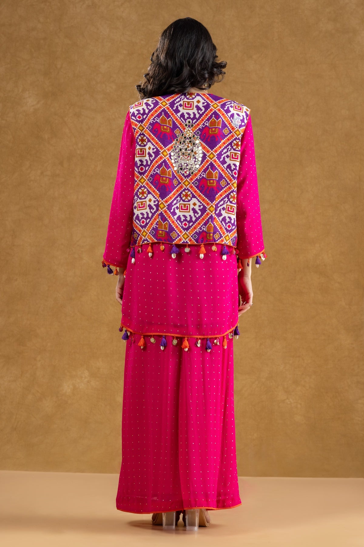 Rani Pink Patola Print Mirror Work Jacket Set with Georgette Mukaish Kurta & Flared Pants