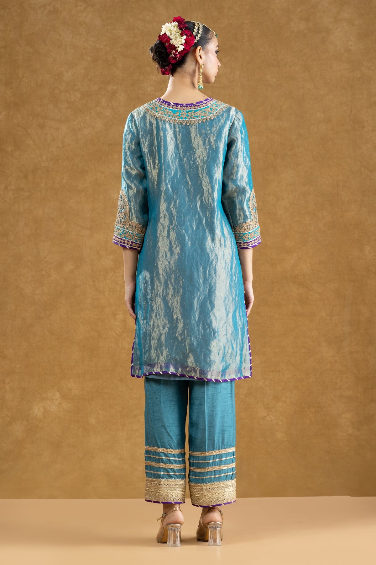 Teal Pure Tissue Kurta Palazzo Set with Dori Hand Work
