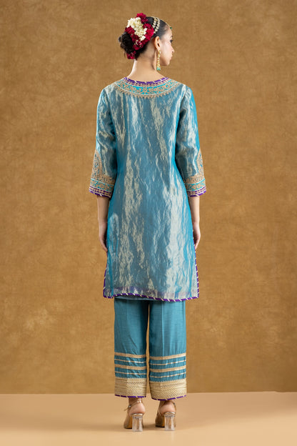 Teal Pure Tissue Kurta Palazzo Set with Dori Hand Work