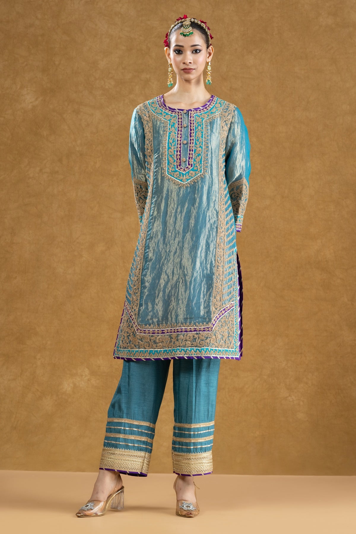 Teal Pure Tissue Kurta Palazzo Set with Dori Hand Work