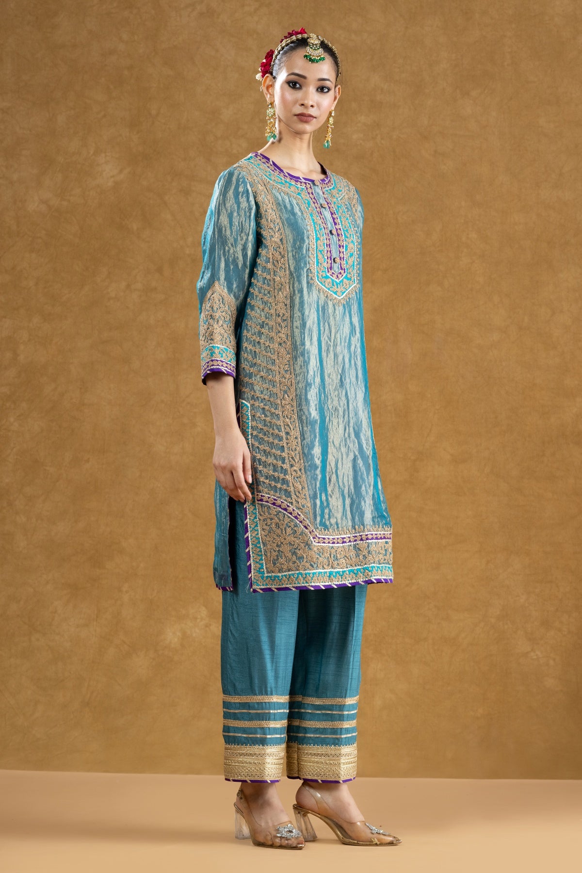 Teal Pure Tissue Kurta Palazzo Set with Dori Hand Work