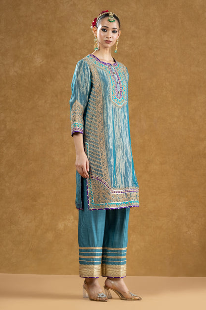 Teal Pure Tissue Kurta Palazzo Set with Dori Hand Work