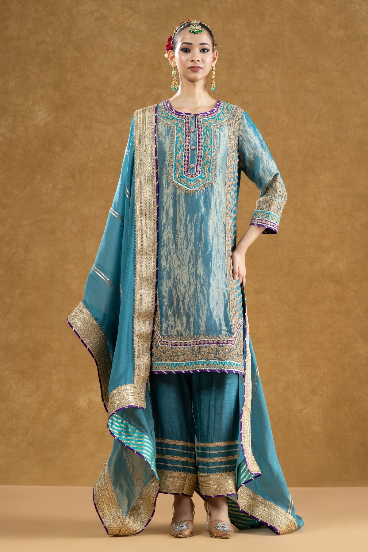 Teal Pure Tissue Kurta Palazzo Set with Dori Hand Work