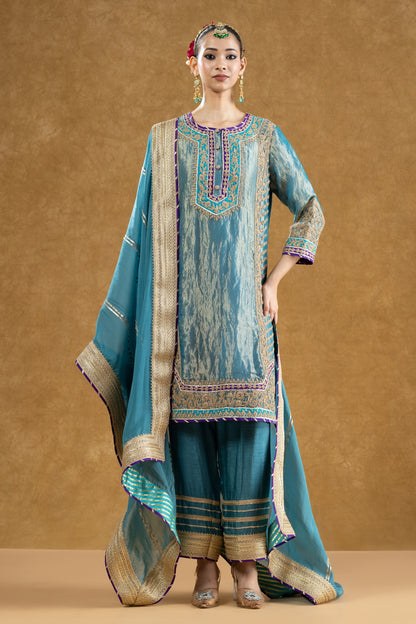 Teal Pure Tissue Kurta Palazzo Set with Dori Hand Work