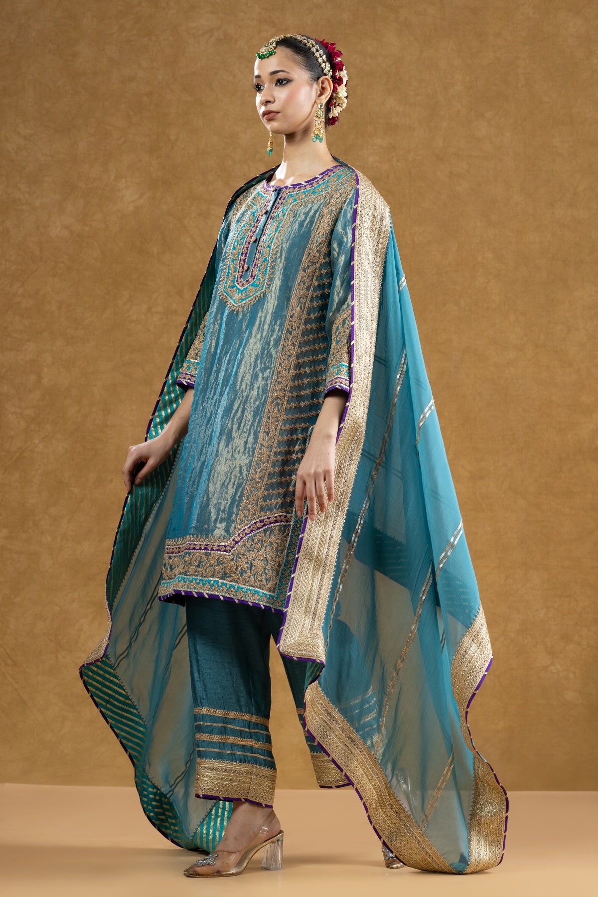 Teal Pure Tissue Kurta Palazzo Set with Dori Hand Work