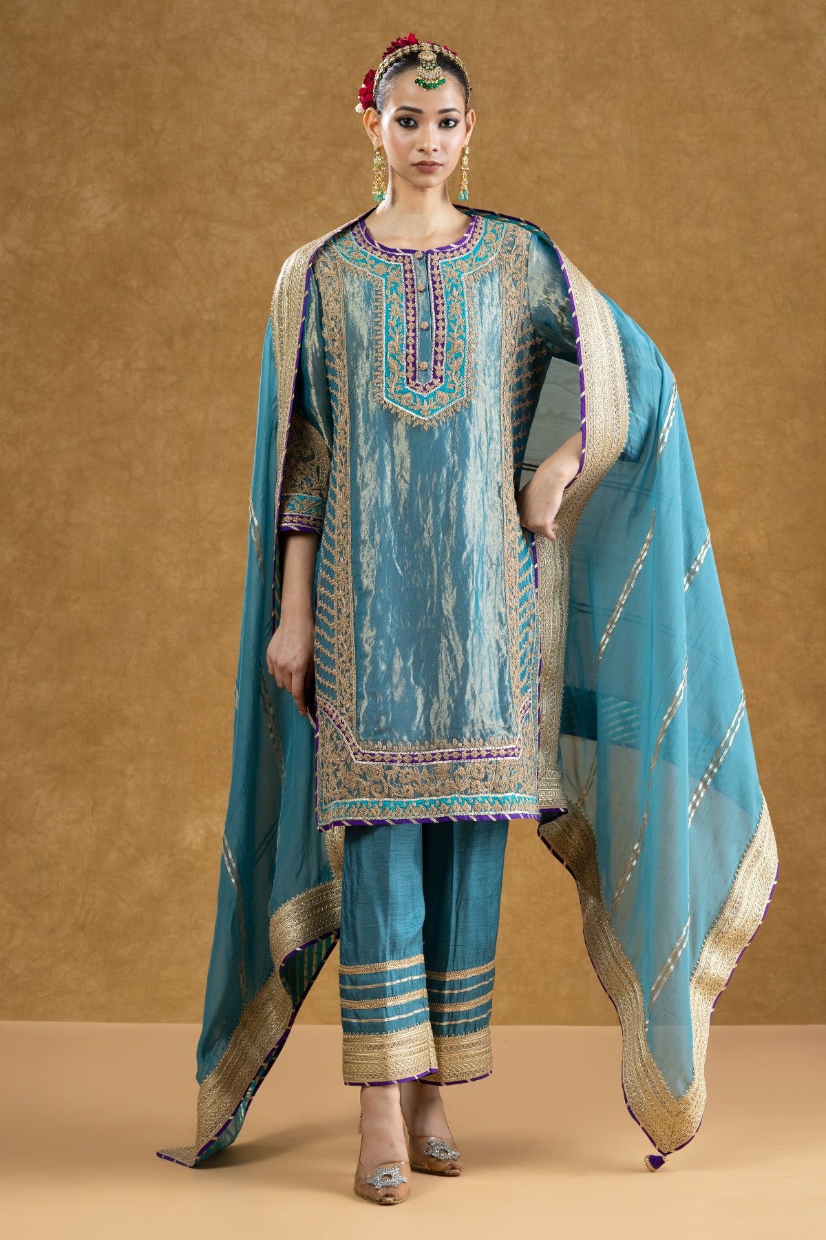 Teal Pure Tissue Kurta Palazzo Set with Dori Hand Work