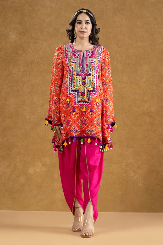 Red Patola Print Kurta with Mirror & Thread Work and Crepe Dhoti Pants