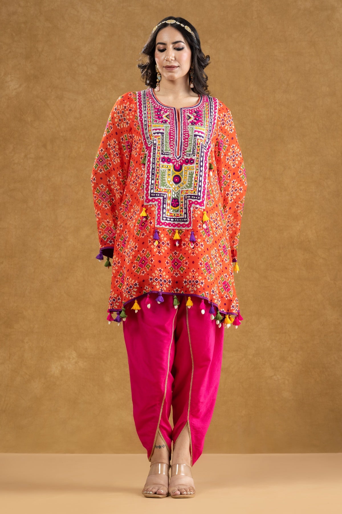 Red Patola Print Kurta with Mirror & Thread Work and Crepe Dhoti Pants