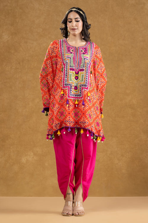 Red Patola Print Kurta with Mirror & Thread Work and Crepe Dhoti Pants