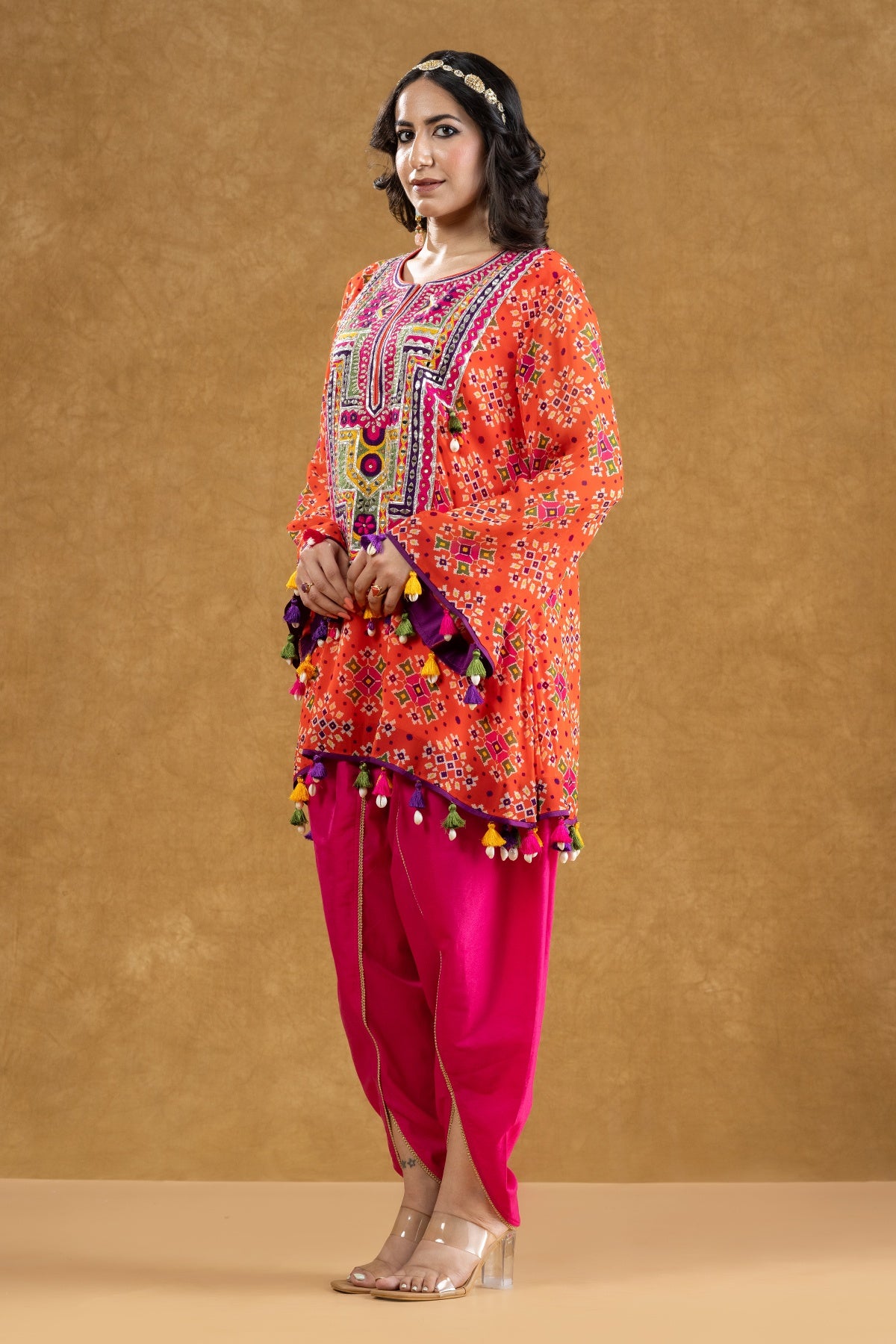 Red Patola Print Kurta with Mirror & Thread Work and Crepe Dhoti Pants