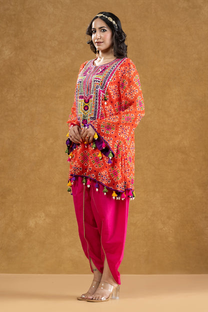 Red Patola Print Kurta with Mirror & Thread Work and Crepe Dhoti Pants