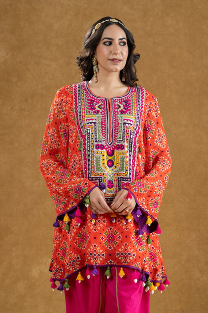 Red Patola Print Kurta with Mirror & Thread Work and Crepe Dhoti Pants