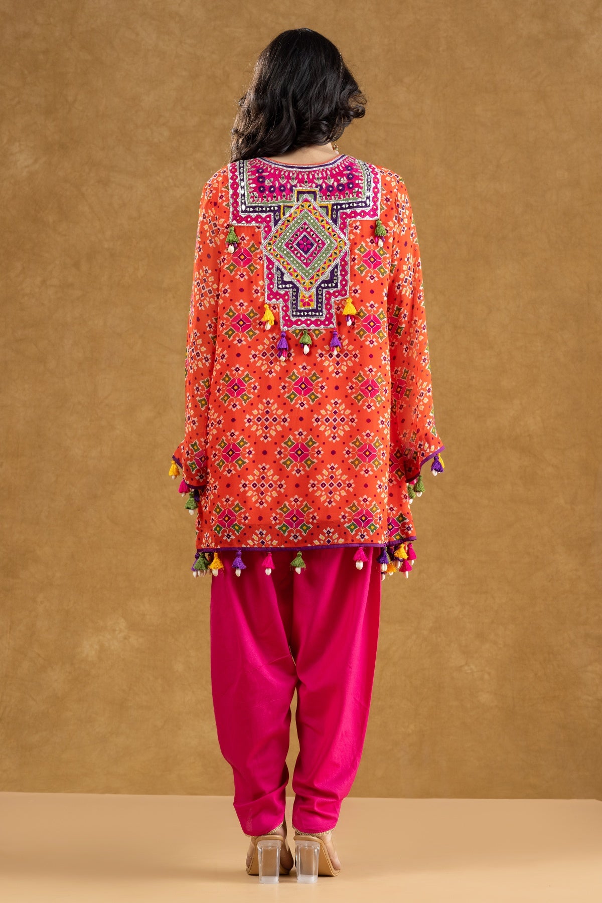 Red Patola Print Kurta with Mirror & Thread Work and Crepe Dhoti Pants
