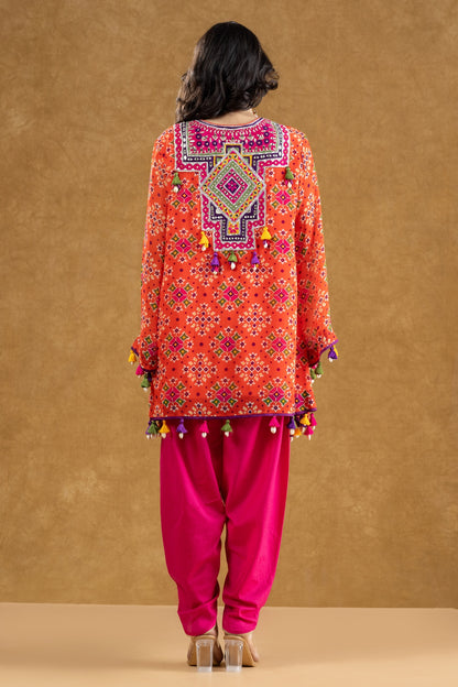 Red Patola Print Kurta with Mirror & Thread Work and Crepe Dhoti Pants