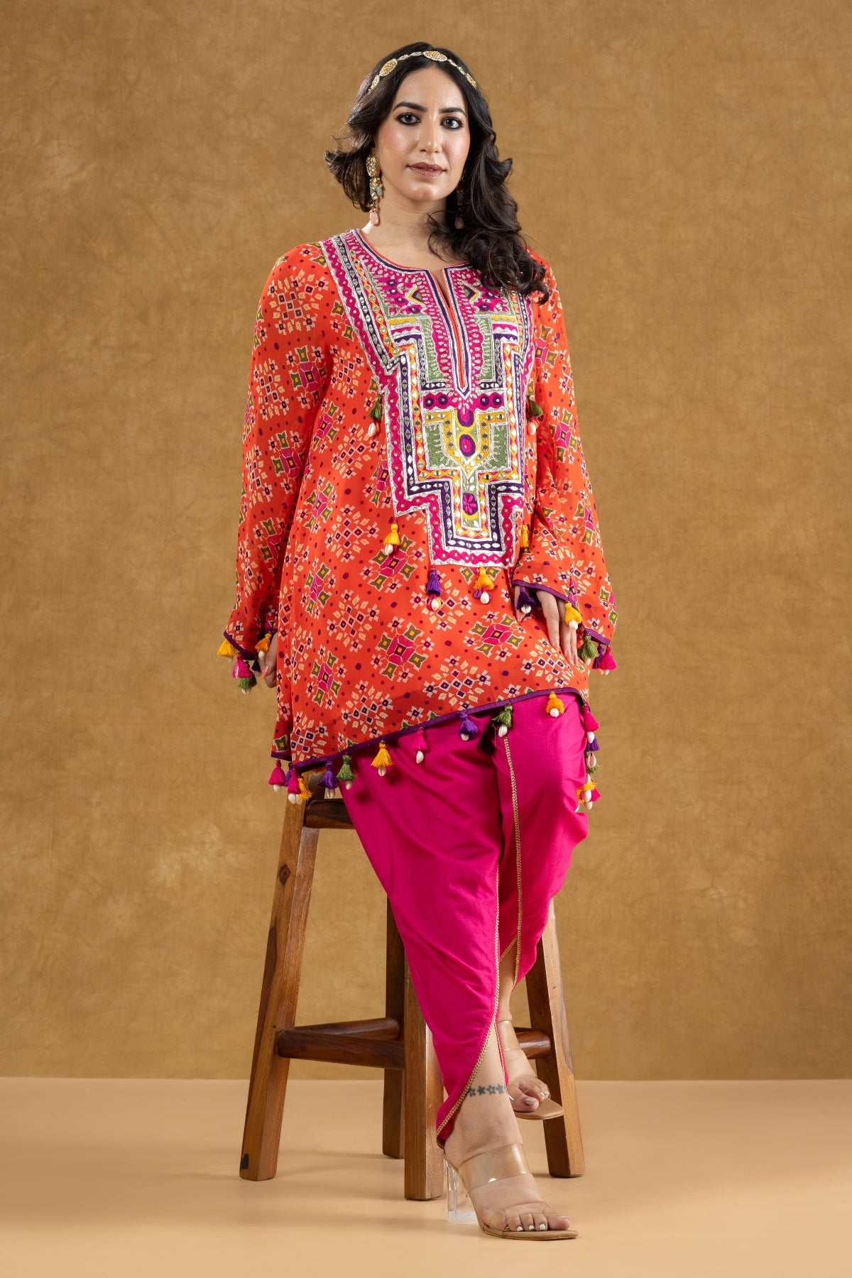 Red Patola Print Kurta with Mirror & Thread Work and Crepe Dhoti Pants