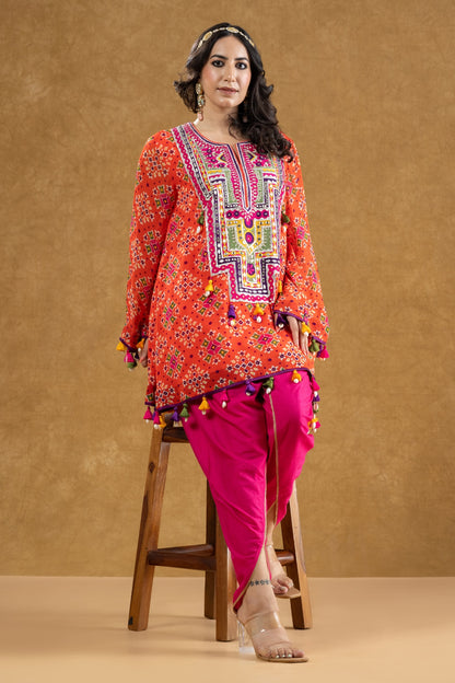 Red Patola Print Kurta with Mirror & Thread Work and Crepe Dhoti Pants