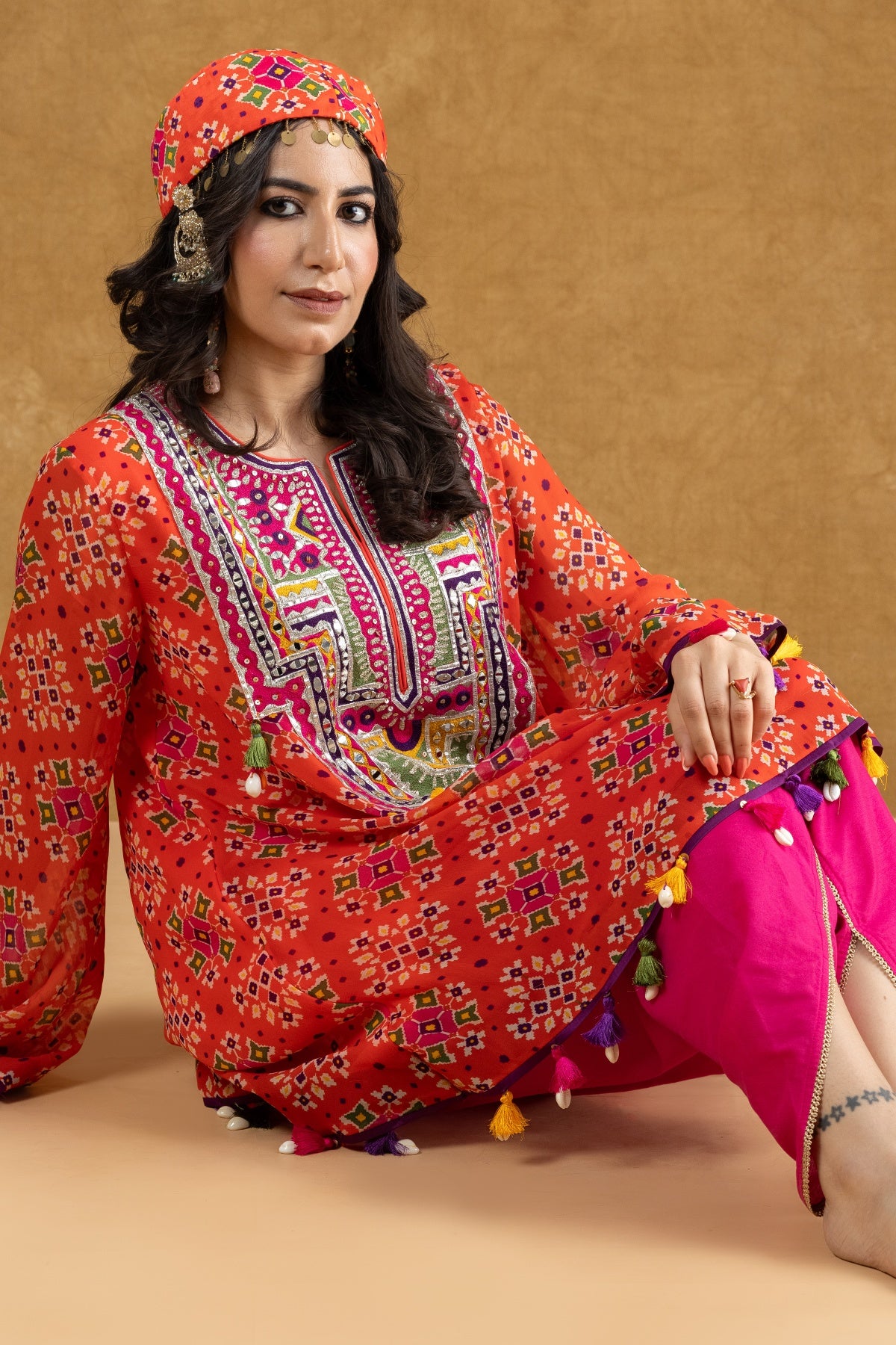 Red Patola Print Kurta with Mirror & Thread Work and Crepe Dhoti Pants